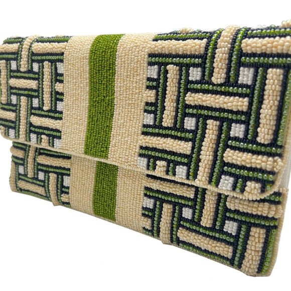 Green Striped Beaded Crossbody Chain Clutch Handbag Bag NEW - Picture 5 of 8